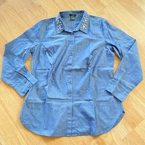 Ann Taylor Blue Button Down Shirt with Jewel Collar Detailing